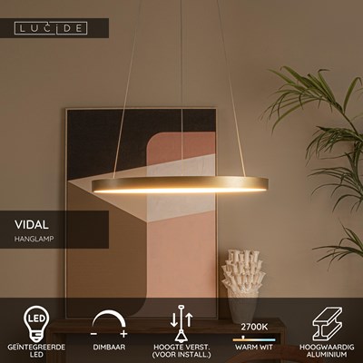 Lucide VIDAL - Hanglamp - Ø 58 cm - LED Dimb. - 1x48W 2700K - Mat Goud / Messing